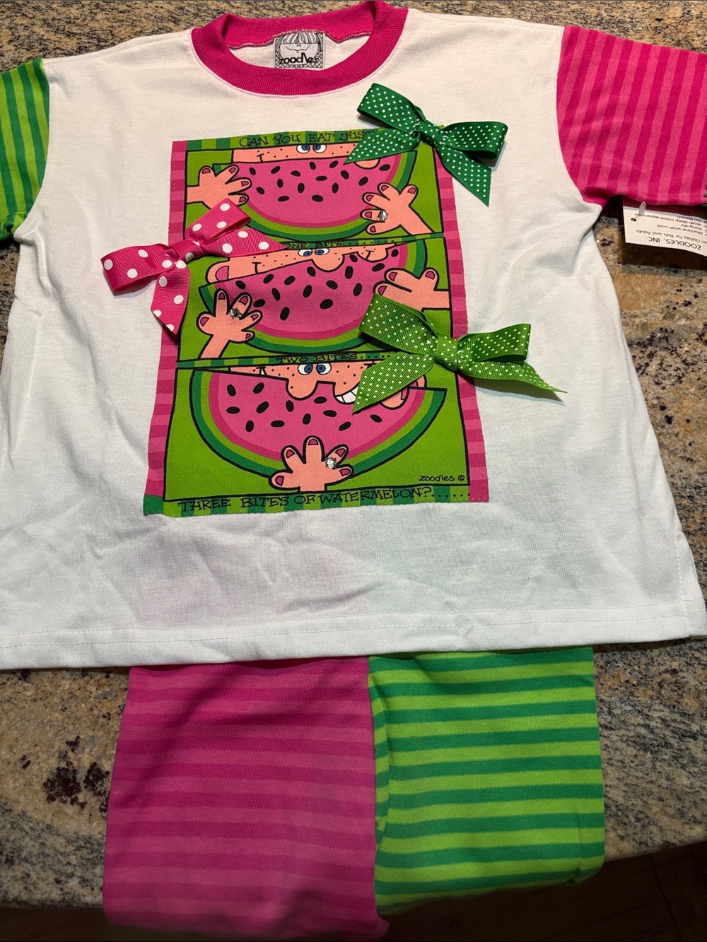 Girls Watermelon Bow outfit Set - White, Pink & Green